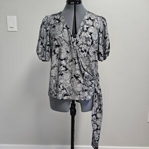 Michael Kors Paisley Wrap Top Blouse Side Buckle Silver Black Women's Medium